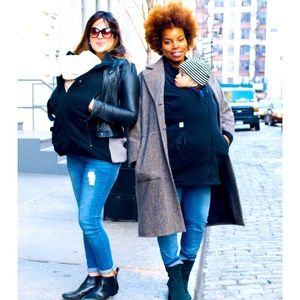 B & Me NYC maternity and baby wearing fleece jacket in black, size M.